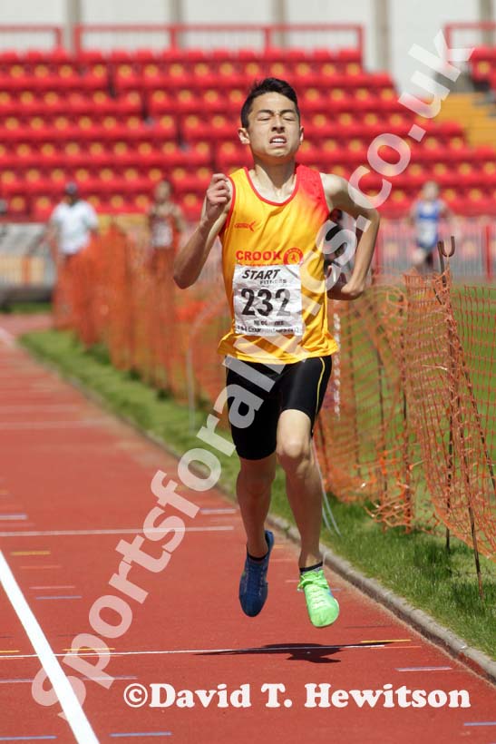 Markhim Lonsdale (Crook) winning the under-15s 800 metres with a championship record which had stood since 1975 at the North Eastern Champs, Gateshead.